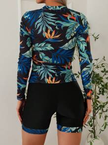 2 peças Impressão de folha Manga Longa Gola Careca Guarda-Roupa - Top Nado com Manga Longa Raglan e Shorts Boxer Parte de Baixo Esportes Aquáticos, Roupa de Banho e Vestimenta Feminina para Férias de Verão