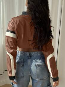 Leather Jacket Cropped Jacket Motorcycle Jacket Y2K Letter Bomber Jacket Women Faux Leather Jacket Streetwear - màu nâu - Xem 2