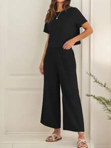 Suits For Women Dressy,Sweat Suits For Womens 2 Piece,Women's Short-Sleeved Blouse High-Waisted Pants Casual Suit - Black - View 2