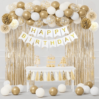 白色和金色生日派对装饰套装女士金色白沙五彩纸屑铝箔气球生日快乐横幅流苏窗帘蝴蝶花环 30 岁 40 岁 50 岁用品