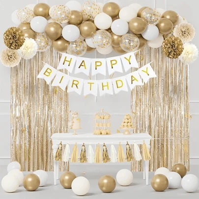 White And Gold Birthday Party Decorations Kit For Women, Gold White Sand Confetti Foil Balloons Happy Birthday Banner Fringe Curtains Butterfly Garland 30th 40th 50th Supplies
