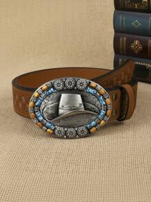 1pc Women Geometric Embossed Cowboy Hat & Bead Decor Oval Buckle Vintage Western Belt For Daily Life Boho Fall, Autumn, Halloween - Bronze - View 8