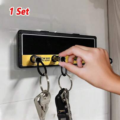 Porte-clés en forme d'amplificateur de guitare créatif, boîte de rangement murale avec 4 porte-clés en forme de prise de guitare et 1 kit de montage mural