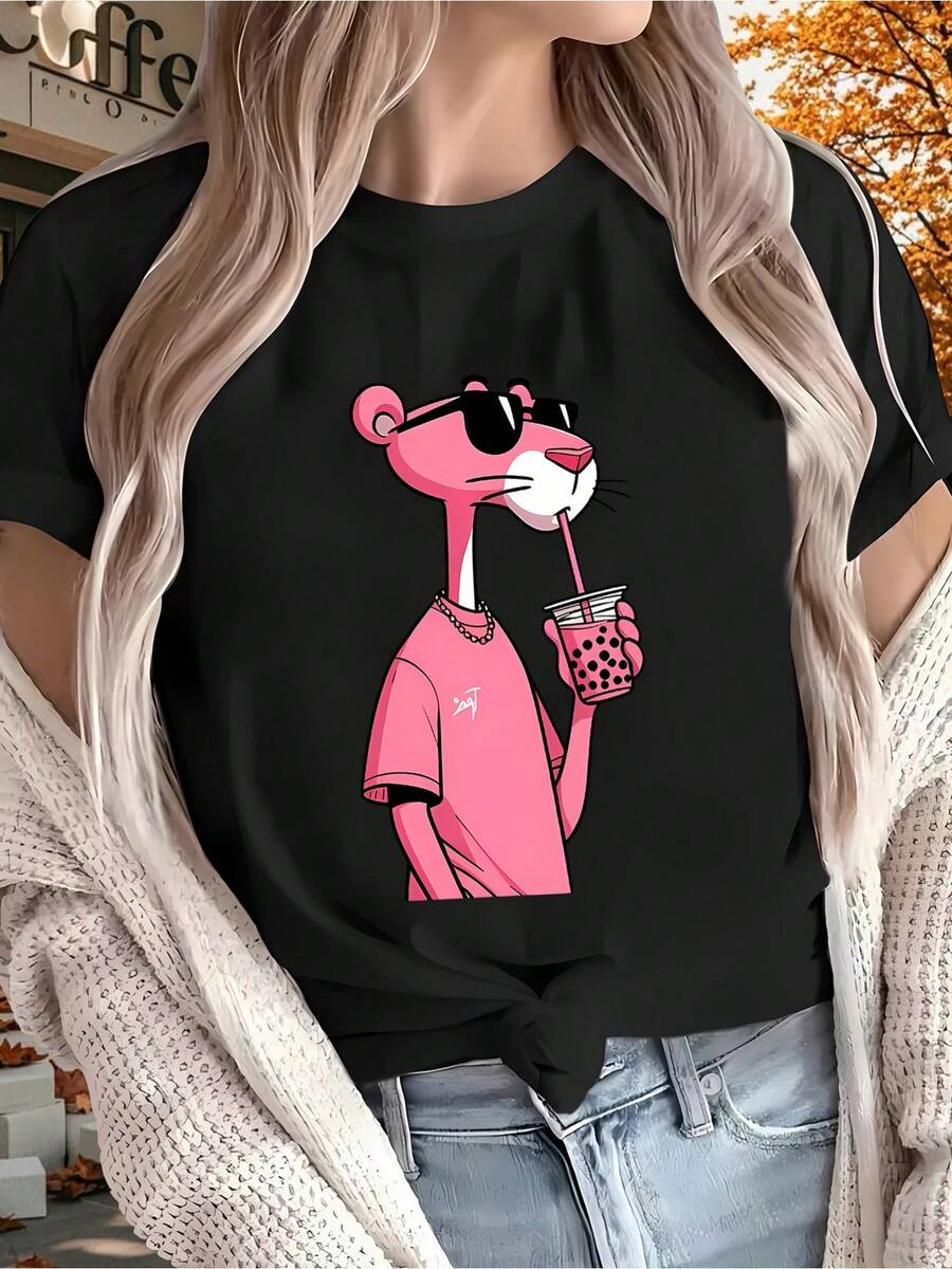 Women's T-Shirt | Cartoon Animal Print | Round Neck, Short Sleeve | Breathable And Machine Washable | Outdoor, Home And Sports Multi-Season Comfort | Casual Style Casual - màu đen - Xem 1