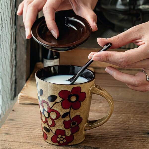 Coffee Cup Hand-Painted Chinese Style Ceramic Mug With Lid Spoon, High Aesthetic Red Cup, Birthday Gift