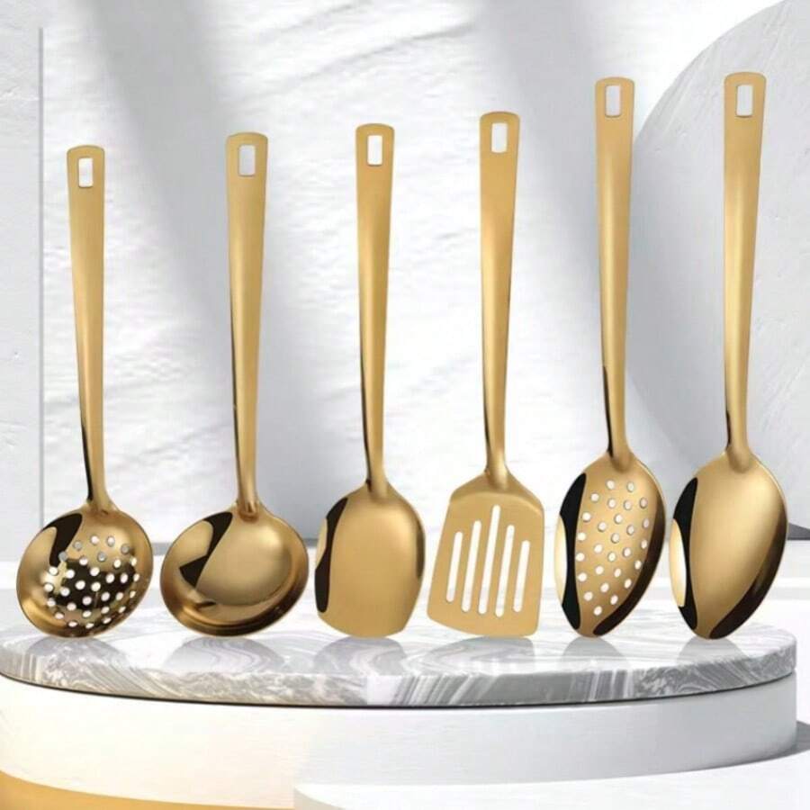 6pcs Stainless Steel Kitchen Cooking Utensils Set, Including Frying Spatula, Ladle, Strainer Etc., Gold Color, Essential Tools For Home Chef