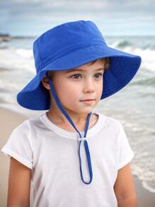 1pc Kids Sun Protection Bucket Hat With Windproof Rope, Simple Solid Color Or Cartoon Print Design, Thin Breathable Bucket Hat, Beach Hat And Bucket Hat Suitable For Daily Travel