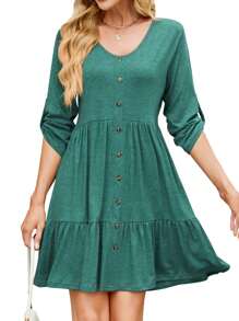 Women's V-Neck Button-Front Babydoll Dress With 3/4 Sleeves And Tiered Ruffle Hem - Green - View 1