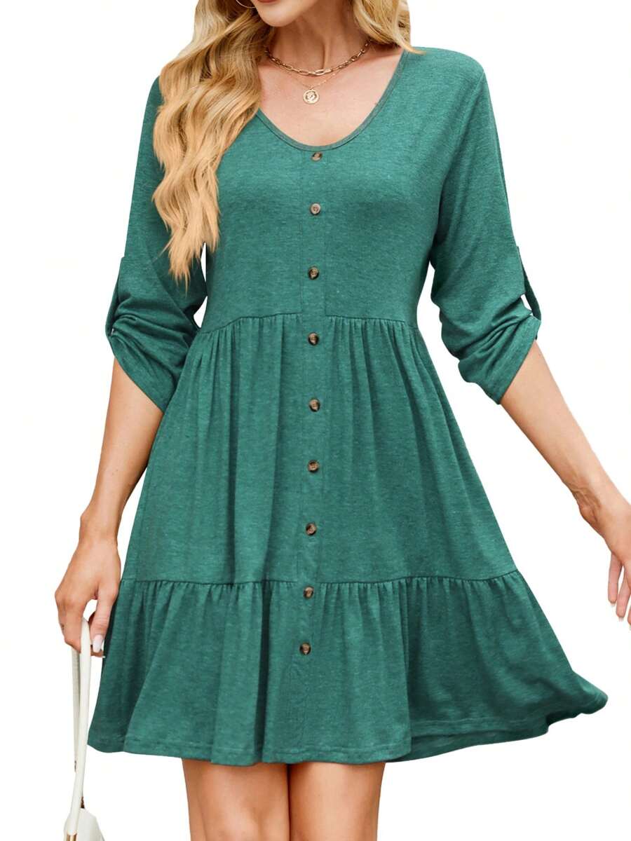 Women's V-Neck Button-Front Babydoll Dress With 3/4 Sleeves And Tiered Ruffle Hem - Green - View 1