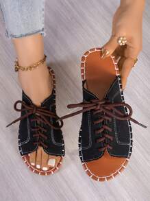 Summer Denim Black Plain Flat Lace-Up Open Toe Women Slippers, Sewing Non-Slip Casual Versatile Ladies Sandals