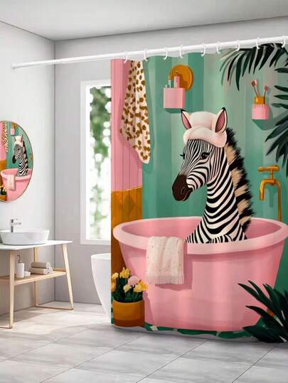 1pc Vintage Watercolor Bathtub Zebra Patterned Polyester Fabric Shower Curtain, Waterproof Bathroom Divider With 12 Free Hooks Home Bathroom Decor Back To School