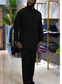 2pcs/Set Men's Black Dashiki, Unique Patchwork Design, Button, Long Sleeve, Lapel, Elastic Waist Pants, African Clothing, Men's Casual Shirt & Pants Set, New Collection For All Seasons, Street Style, Party, Date, Wedding, Cultural Events, Traditional Ceremonies - View 1