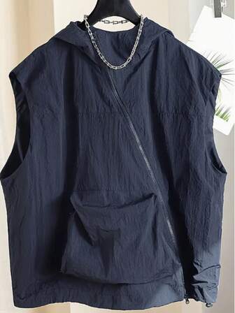 Women's Autumn Sleeveless Vest, Personalized Large Pocket Oblique Zipper Hooded Woven Sporty, Versatile Casual Fashion