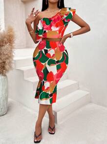 Amarilo Women's Floral Print Bandeau Top And Skirt 2 Pieces Set (Floral Pattern Random) - Orange Flower On White Background - View 4