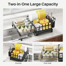 Dish Drying Rack - Extendable Dish Rack, Large Sink Drying Dish Drainer For Kitchen Counter, Stainless Steel Dish Strainer With Utensil Holder - 黑色 - 查看 2