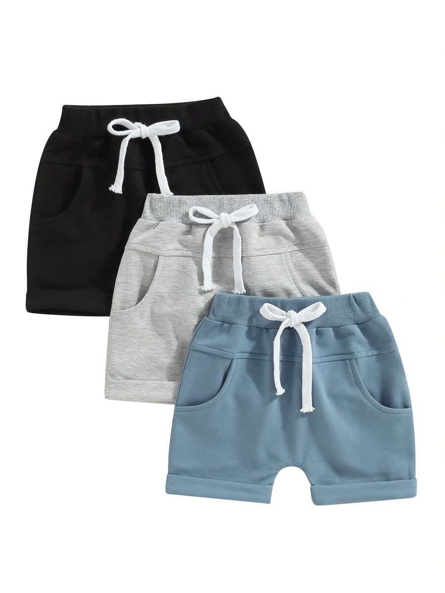 Kids Boys Short Trousers, Casual Party Street Spring Summer Solid Color Drawstring Pants - Blue - View 1