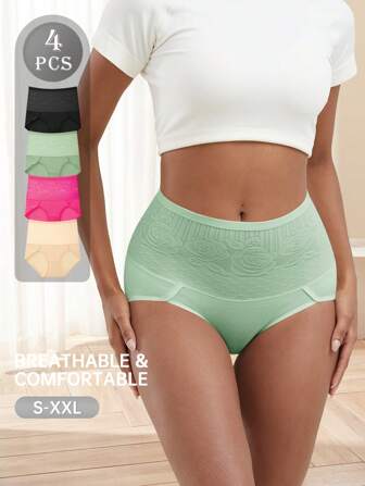 4 Pcs New Fashionable Flower Print High-Waisted Panties, Lightweight, Comfortable And Breathable Women's Triangular Panties, Suitable For Home And Leisure Wear