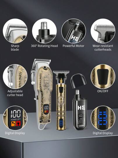  HIENA 三合一男士理容套装：包含 1 个无线电动理发器、1 个 360° 鼻毛/耳毛修剪器、1 个 T9 刀头电动剃须刀、1 个带液晶显示屏的精密修剪器（适用于沙龙），内含 2000mAh 锂电池