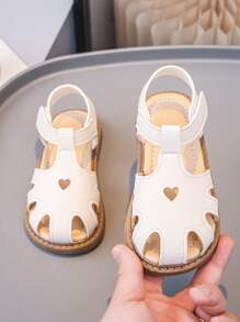 1 Pair Baby Girls Beige Hook And Loop Sandals, Comfortable Versatile Cute Outdoor Beach Shoes For Summer - Beige - View 1