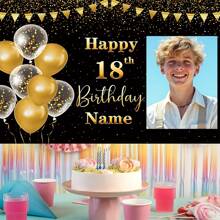 1 Stück Individuelles Porträt, Name, Alters-Geburtstagsfest Banner, Polyesterstoff, hängende Flagge glänzende Feier Schwarz Gold Thema Foto Hintergrund, Personalisiertes Alles Gute zum Geburtstag Banner, geeignet für Kuchentisch, Zuhause, Außenbereich Dekoration, 3 Größenoptionen Muttertag Abschluss, Multifunktional, Verstellbar, Dekorativ, Wiederverwendbar, Exquisit, Niedlich, Hochwertig, Modern, Farbig, Bequem, Stilvolle, Individuell, Personalisiert, Einzigartig, Ideale Geschenke für Ihn, Ideale Geschenke für Sie, Freund, Freundin, Vater, Mutter, Familie, Freunde, Büro, Teeraum, Schule, Zuhause, Heimrenovierung, Individualisierte Banner & Wimpel, Warme Atmosphäre, Herbst Heimrenovierung, Weihnachtsdekoration