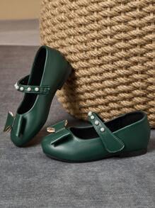 1 Paio di scarpe da principessa in pelle verde militare per bambini, scarpe da cerimonia con punta tonda, fatte a mano con perline e fiocchi, in morbida pelle, stile scuola alla moda per ragazze