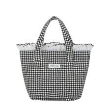 Thousand Bird Grid Contrasting Lace Ruffle Edge Tote Bag, Versatile And Fashionable Small Handbag, Commuting Walk Bag, Hand-Held Bento Bag - Black and White - View 9