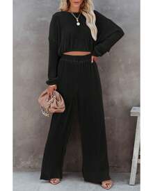 Black Corded Cropped Pullover And Wide Leg Pants Set Women - màu đen - Xem 2