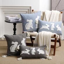 1 pieza Funda de almohada bordada con conejo corriendo, decoración de Pascua para sala de estar y sofá, hecha de fibra de poliéster, sin relleno