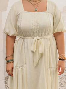Rusttydustty Women's Plus Size Linen Feel Beige Square Collar Short Sleeve Belt Short Dress Boho Easter Beach Outfits Hawaii Coachella Music Festival Tropical Vacation