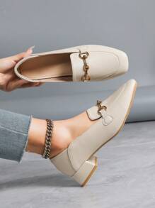 Zapatos casuales versátiles de trabajo de tacón grueso color albaricoque para mujer, mocasines de punta cuadrada