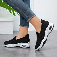 Women's Breathable Knit Slip-On Sneakers - Comfortable Low-Top Casual Shoes With Air Cushion Support, Round Toe, And Thick PVC Sole In Gray, Beige, Black, Or Pink, Everyday Shoes Simple Design Flexible PVC Sole - Black - View 2