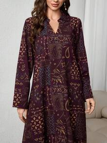 春冬新款印花长裙度假宽松女士印花连衣裙 - 紫色 - 查看 6