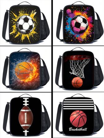 Boys And Girls Printed Insulated Lunch Box For Kids With Side Pocket & Shoulder Strap Lunch Bag, Perfect For School/Camping/Hiking/Picnic/Beach/Travel (Basketball)