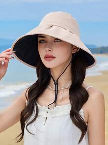 1pc Women's Letter Design Foldable Wide Brim Sun Hat, Solid Color Bowknot Bucket Hat, Suitable For Spring/Summer Outdoor Activities, Shopping, Traveling - A - View 14