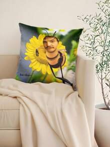 1pc Funny Bee & Flower Print Decorative Pillow Case, Customized Cushion Cover, Gag Gift For Friends, Creative Home Decor