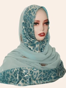 1pc Women Hijab Fashion Sequin Patchwork Leopard Print Scarf, Decorated With -Style Rhinestones, High-End Long Shawl, Suitable For Abaya