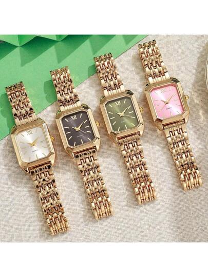 1pc Quartz Horloge Scaled Square Dial, High Quality Goldplated Case, Stainless Steel Strap, Birthday, Anniversary, Mother's Day