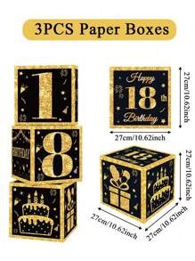 3 pièces Boîtes en papier noires et dorées, décoration de fête d'anniversaire 18e/30e/40e/50e/60e/70e/75e/80e, fournitures pour fête de 40/50/60 ans, décorations de fête d'anniversaire, boîtes décoratives pour fond de fête à la maison, décoration de fond de fête, accessoires photo, boîtes d'emballage cadeau