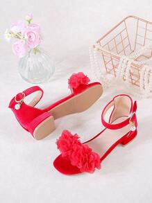 1 Pair Girls' Fashionable And Cute Red Flower High Heel Sandals, Suitable For Summer