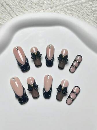 Pure Hand-Made Ten-Piece 3.3 Square Press-On Nails Pure Hand-Made Method Test Hand-Drawn Color Gradient Rhinestone Craft Pure Hand-Carved 3D Sculpted Flower Shape Glue Black Bow Sunflower Receptacle Moon White Bow Butterfly Craft Fashionable And Versatile Suitable For Various Occasions To Wear Spring And Autumn Versatile Can Be Given To Friends. New Year'S Day Birthday Gifts Can Be Worn RepeateDiy Nail Supplies Nails