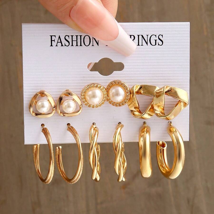 BEMMY 6/9 Pieces Elegant Pearl Stud Earrings Set, Suitable For Parties, Festivals And Daily Wear - 金色-3 - 查看 1