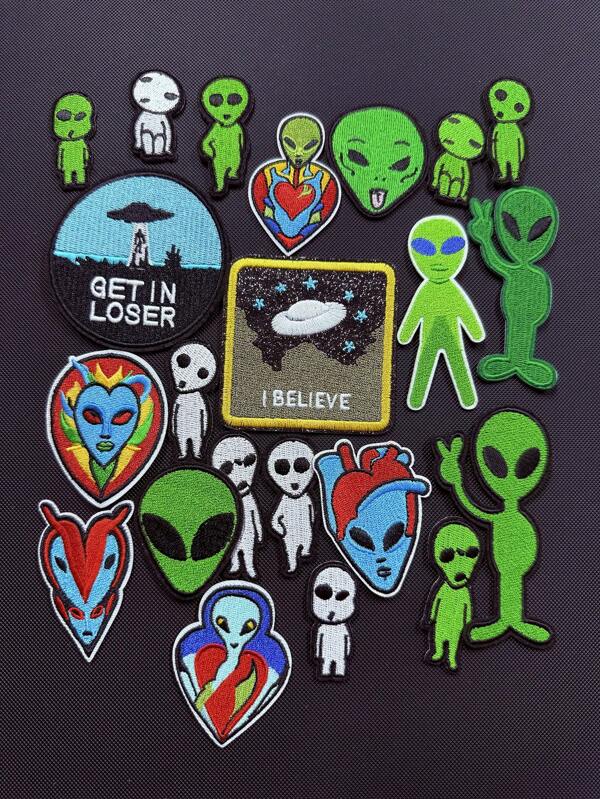 Set de 2-7 parches "Get In Loser", parches de alienígena verde lindo para planchar o coser en ropa, parches de exploración de OVNI y parches de cabeza de alienígena divertidos para mochilas