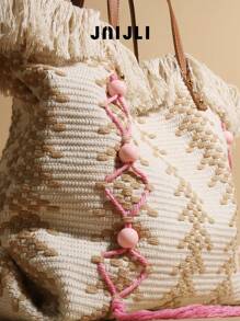 JNIJLI 1 pezzo Borsa a tracolla in paglia bohémien carina con decorazione a nappina, borsa a spalla intrecciata stile francese fatta a mano, grande capacità, adatta per pendolarismo, tempo libero alla moda, viaggi, matrimoni in spiaggia, gite all aperto, vacanze