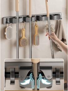 1pc Silver Gray 4 Clips & 5 Hooks Aluminum Mop Holder Wall Mounted Bathroom Fixed Shelf, For Mop, Broom Storage And Balcony Use. Also Available In 2 Clips & 3 Hooks, And 3 Clips & 4 Hooks.