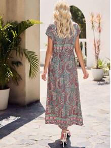Bohemian Print Tassel Front Tie Long Paisley Dress - 綠色 - 查看 4