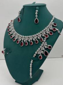 Ensemble De Bijoux Rouges De Luxe, Comprenant Un Collier, Des Boucles D'oreilles, Une Bague Et Un Bracelet, Cadeau Parfait Pour La Saint-valentin Et Un Ensemble De Mariée