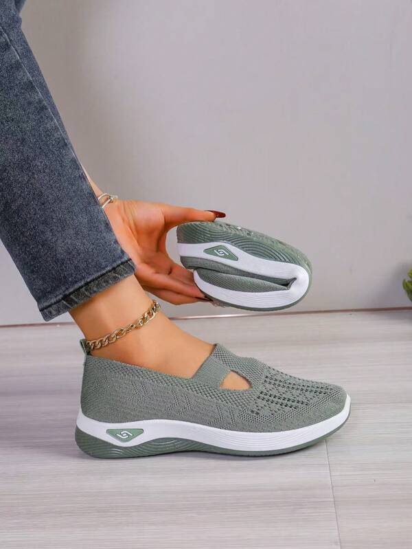 Zapatillas casuales de punto con diseño calado, transpirables, ligeras con suela antideslizante gruesa, de estilo versátil apto para primavera/verano 2025, disponible en varios colores