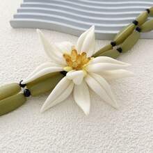 Set de 3 piezas con collar, pulsera y aretes de flor grande de resina exagerada de doble capa con eslabones de bambú, de moda para mujeres, para fiestas, vacaciones y uso casual