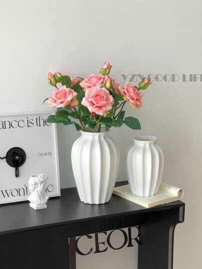 1PC Shatterproof Faux Ceramic Plastic Vase, Moderne Minimalist Home Wit Gestreepte Textured Cylindrical Elegante Multi Functional ative Flower Vase Wedding, Office, Seasonal Displays, Year Round Indoor/Outdoor Room Glass view 5