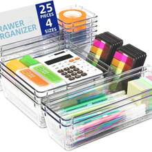 25件抽屉式整理器塑料盒办公桌抽屉冰箱托盘化妆品收纳隔层家居浴室装饰夏季化妆品收纳盒返校 - 白色 - 查看 2